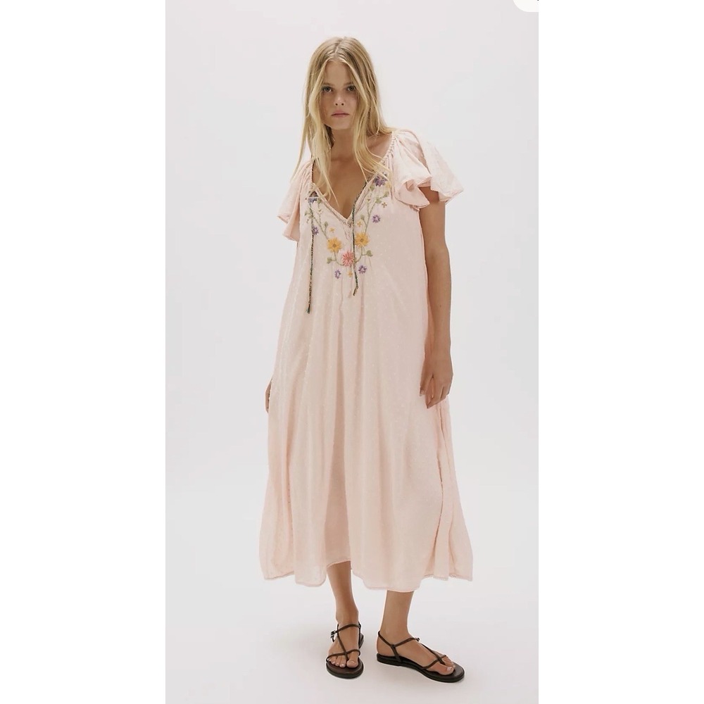 NWT Free People L Savannah Rose Midi Dress Pink Shell $248 Fairy Nap Slip Liner